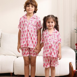 HINFEL Ugly Girls Summer Outfit, Kids 2 Piece Button Down Monkey Beach Shorts Set Cute Animal Y2k Preppy Loungewear (Pink, 4-5 Years)