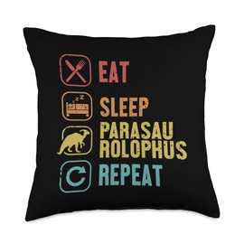 Plush Parasaurolophus Dinosaur Toy Costume Gifts Eat Sleep Repeat Dinosaur Parasaurolophus Throw Pillow, 18x18, Multicolor