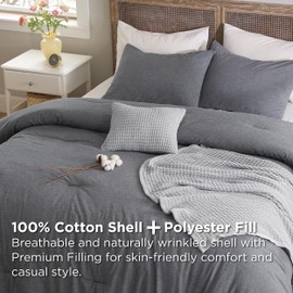 Bedsure 5 Pieces Cotton Comforter Set with Cotton Waffle Throw Blanket - Soft Breathable Bedding Set for All Seasons, Dark Grey Queen Comforter, Pillow Shams, Grey 100% Cotton Blanket, Throw Pillow