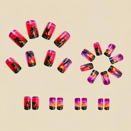 Coconut Tree Press on Nails Medium Square Fake Nails with The Setting Sun Design Seagull Glue on Nails Beach False Nails Glossy Reusable Summer Nails for Women Girls Manicure 24pcs