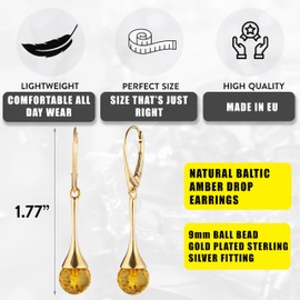 Amber by Mazukna - Amber Earrings for Women, Gold-Plated AG925 Sterling Silver, Natural Amber Ball Beads, Handmade Gemstone Drop Earrings, Amber Jewellery Certified, Sterling Silver, Amber