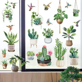 wondever Window Sticker, Green Potted Plant, Window Sticker, Hanging Plants, Leaves, Hummingbird Window Sticker, Anti-Collision, Double-Sided Glass Sticker, Glass Decoration