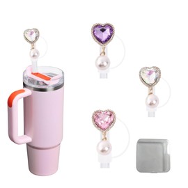 lmzyf 3PCS heart-shaped crystal inlaid with diamonds Straw Toppers & 3PCS pearl Charms for 30 & 40 ozStanley Straw Covers reusable perfect for water bottles(H)