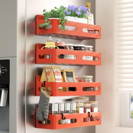 Sevenblue 4-Pack Magnetic Spice Rack for Refrigerator with Hooks, Orange | Strong multipurpose magnetic shelf for kitchen & bathroom organization.