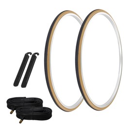 PRO+ Pair of Bike Bicycle TIRE 700 X 25 Black/Gum SIDEWALL (2) Tires W/Tubes 33MM Schrader Valve & TIRE LEVERS P-1076