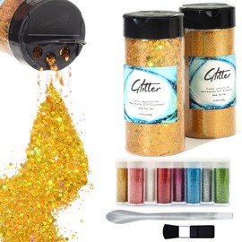 Craft Glitter, 380g Nail Glitter Powder 10 Jars Glitter with Tools,AARDWO Vibrant Multi-Purpose Glitter for Body,Eyeshadow,Cosmetic,Nail Arts,Crafts,Decoration,DIY(Hexagon Shape, Gold)