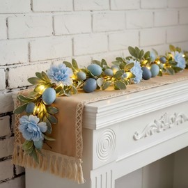 Canlierr 6ft Easter Decorations Garland for Mantle with LED Lights, Artificial Spotted Eggs & Flowers, Spring Garland Home Mantle Fireplace Indoor Outdoor Decor for Spring Parties Decorations