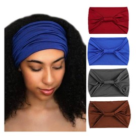 Woeoe African Headbands Knotted Hairbands Blue Yoga Sport Head Wraps Wide Elastic Head Scarf for Women and Girls (Pack of 4)