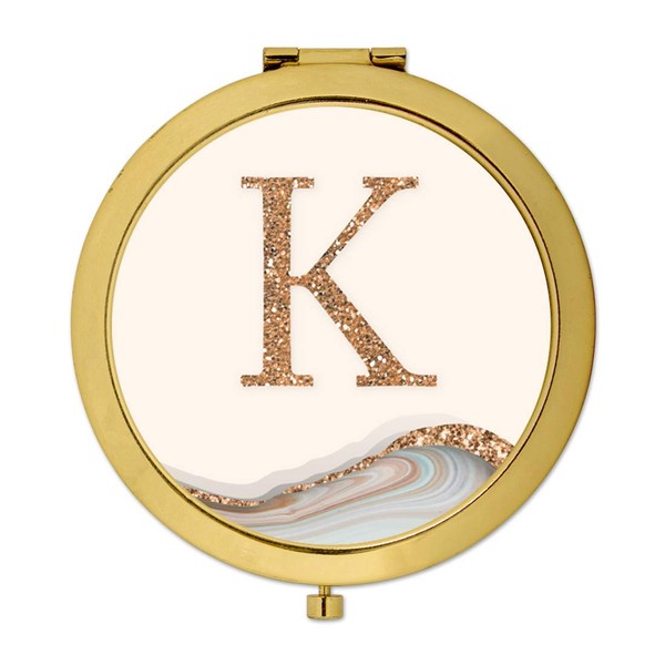 Andaz Press Gold Compact Mirror Bridesmaid's Gift, Monogram Initial Letter K, Quartz Marble Gold Copper Glitter, 1-Pack, Wedding Gifts Ideas for Maid of Honor