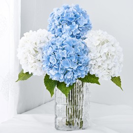 Dolicer 4 Pcs 21'' Real Touch Hydrangea Artificial Flowers, Lifelike Latex Faux Hydrangea Flowers with Long Stems & Leaves for Centerpieces Bouquets Party DIY Home Wedding Decor (White and Blue)