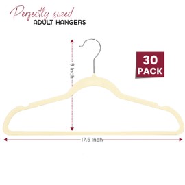LDC Ivory Velvet Hangers 30 Pack - Premium Non Slip Clothes Felt Hanger for Coat, Pants, Suits, Shirts - Heavy Duty Space Saving 360 Rotatable Hook Hangars - Ivory