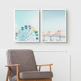 Ashbrook Framed Wall Art Collage Print Gallery Set Carnival Ferris Wheel & Beach Chairs & Umbrella Nature Wilderness Photography Modern Colorful for Living Room, Bedroom, Office - 12"x16"x2 WHITE