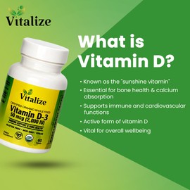 Vitalize - Organic Whole Food VIT D-3 | Immune Support Supplement | Vitamin D3 | Supports Bone and Overall Health | Gluten Free | Non GMO | Vegan | Each Bottle Contain 60 Tablets | 50 mcg | 2,000 IU