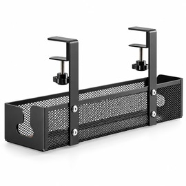 Under Desk Cable Management Tray – No-Drill Clamp-On Carbon Steel Cord Organizer for 0.4–2 in Desktops, 13.4/15.7 in Lengths