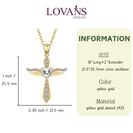 LOVANS Gold Cross Necklace for Women Gold Plated 925 Sterling Silver Angel Cross Pendant Necklace with Cubic Zirconia Crucifix Pendant