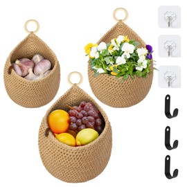YTOPRO Fruit Basket Hanging 3 Wall Basket with Hooks Fruit Basket and Wooden Ring Handle Wall Hanging Basket Fruit Basket Hanging Basket Hand Woven Cotton Rope Vegetable Basket Plant Basket Decorative