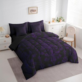 Feelyou Purple Black Vintage Damask Floral Comforter Set with Sheets Gothic Bohemia Floral 7 Piece Bedding Set Full Size for Kids Boys Girls Oriental Antique Bed in a Bag Luxury Flower Bed Set