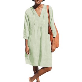 Lafural Womens V Neck Cotton Casual Loose Shift Tunic Smock Summer Dresses Vacation Dress 3/4 Sleeve Pocket Green S