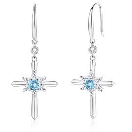 FANCIME Aquamarine Cross Dangle Drop Earrings 925 Sterling Silver Dainty Round March Birthstone Earring Fine Jewelry Birthday Gifts for Her Women