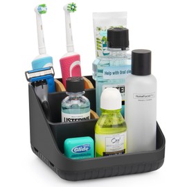 Chintu Toothbrush Holders Bathroom Countertop Organizer- Bamboo Electric Tooth Brushing Holder 6 Slots Toothbrush Caddy for Counter Organization Kids Family Toothpaste Holder for Vanity Storage Black