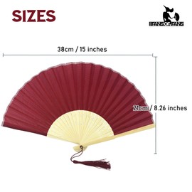 FANSOF.FANS 10 Pack Fabric Hand Fans with Tassel Grade A Bamboo Ribs for Party Wedding Favors (Dark Red, Maroon)