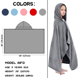 Hiturbo - Toalla de baño con capucha para niños: manta de felpa suave para piscina, playa, toalla de forro polar de 50 x 30 pulgadas, para niños y niñas de 3 a 12 años (gris)