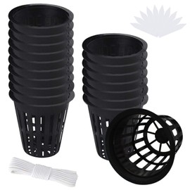 ZeeDix 100 Pack 2 Inch Garden Slotted Mesh Net Cups- Plant Nursery Net Cups for Hydroponics, Reusable Heavy Duty Wide Lip Round Bucket Basket with 10m Self-Watering Wick Cord for Hydroponics