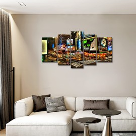 So Crazy Art Painting, Wall Art City Night Broadway Street, Modern Decoration Print on Canvas, 5 Panels, Oil for Home Bedroom Living Room Bathroom Decor