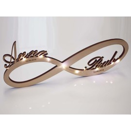 kh Wohndesign Infinity Sign with LED Light (Real Wood), Customisable - Gift e.g. Birthday, Wedding, Engagement Anniversary, Children, Family, Love, Cash Gift, Golden/Silver Anniversary