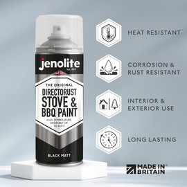 JENOLITE Directorust High Heat Spray Paint for Metal - BLACK - Smooth Matt Finish BBQ & Stove Aerosol Paint - Very High Temperature Resistant Up to 1200°F (650°C) - 13.5 Ounces (400ml)