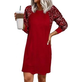LOTUCY Sequin Raglan Long Sleeve Dress Christmas Party Casual Mini Dresses Sparkle Loose Fit Shiny Glitter Dresses Red
