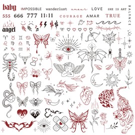 3sheets Temporary Tattoos Adult Women 100pcs+ Realistic Flash Fake Tattoos Fine Line Black Red Tattoo Stickers