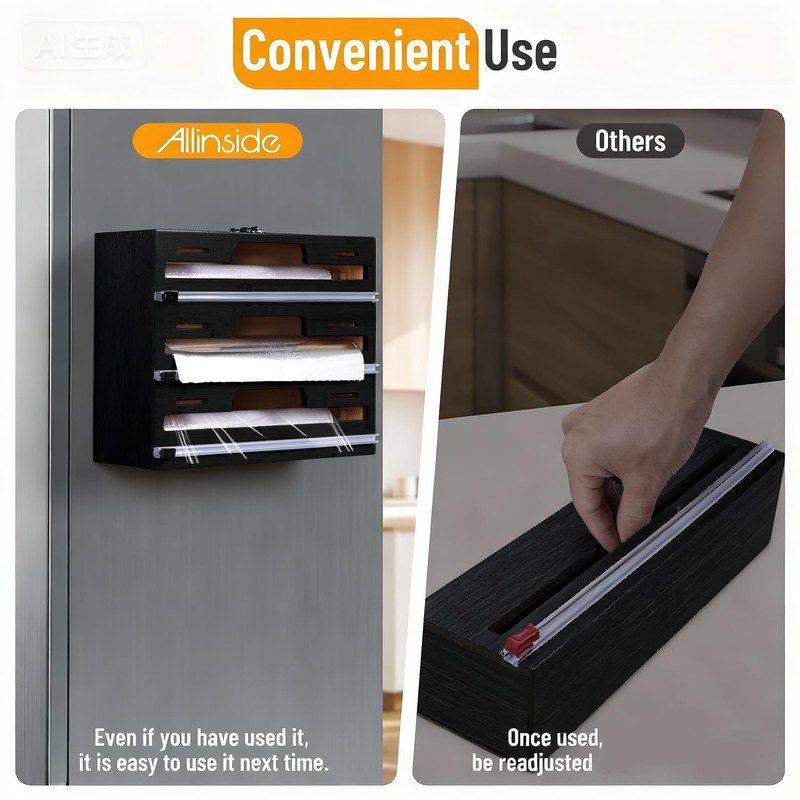Allinside Magnetic Plastic Wrap Dispenser with Cutter and Labels, Aluminum