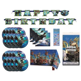 How to Train Your Dragon Birthday Party Bundle Set includes Lunch Plates, Lunch Napkins, Table Cover, Birthday Banner - Serves 16
