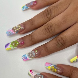 EYZOTSF Press on Nails Long Coffin Shaped Acrylic Square False Nails with Designs Artificial Extra Long Length Coffin Fake Nails with Charms Glue Stick ons Fingernails for Women Girls(JB630)