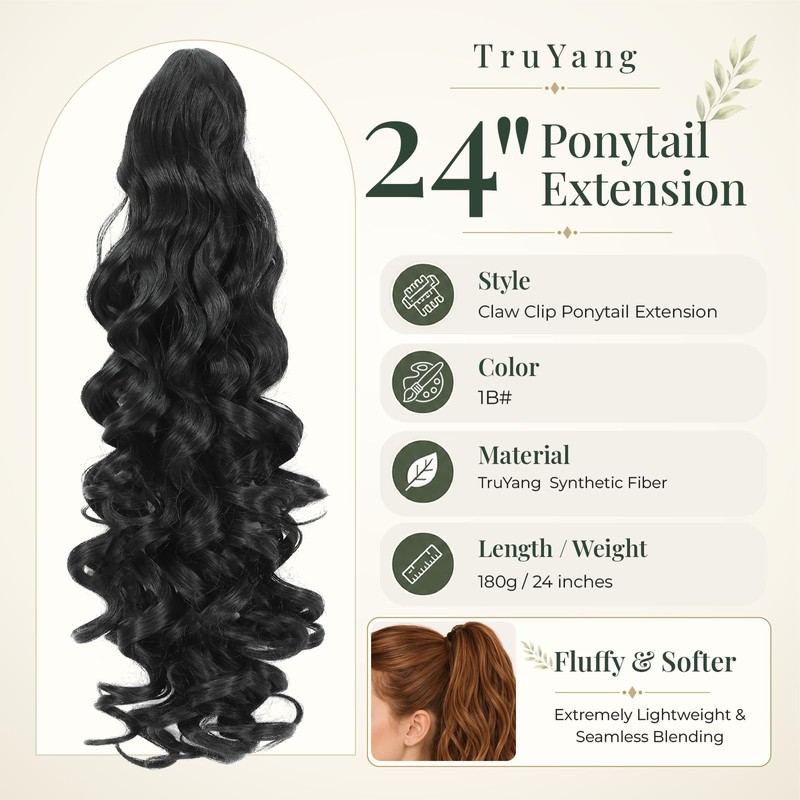 Claw Clip Ponytail Extensions Wavy Natural Black 24 Inch