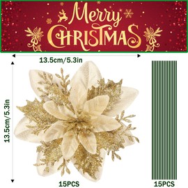 15 Pieces Glitter Poinsettia Christmas Decorations,Artificial Flowers Christmas Tree Ornaments,for New Year Wedding Xmas Wreath Home Party Decor (Gold)