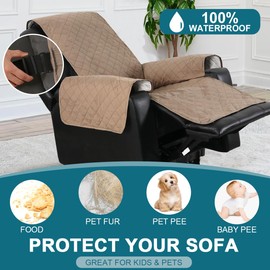 Turquoize 100% Waterproof Power Lift Recliner Cover for Elderly Non Slip Recliner Slipcovers for Power Lift Recliner Chairs Recliner Protector for Elderly,Kids,Dog (Power Lift Recliner 22", Khaki)