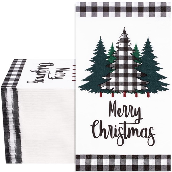 Whaline 80Pcs Christmas Tree Guest Napkins White Black Plaid 3