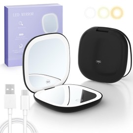 Espejo de Bolsillo con Luz LED, con Aumento 1X/10X, Anillo de Luz de Doble Cara y 3 Modos, Espejo de Mano Recargable Portatil, Espejo Pequeño con Luz para Maquillaje