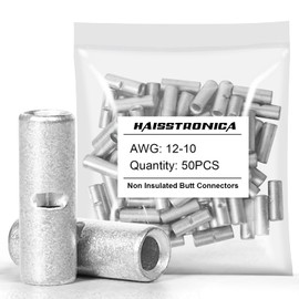 haisstronica Non Insulated Butt Connectors Kit, 50pcs Tinned Copper Uninsulated Wire Connectors for Automotive Marine (AWG 12-10)