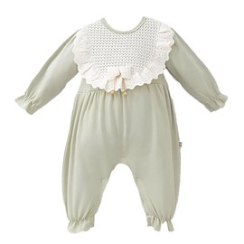 rise&Raba Baby Onesie Clothes |%100 Cotton Baby Girls Onesies with Button and Lace Collar Detail Newborn Baby Onesies | Footed Pajamas for Girls (Green, 3-6 Month)