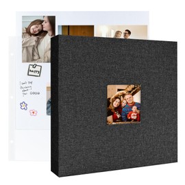 3 Ring Binder 12x12 Inch Large Scrapbook Photo Album, Linen Cover Scrap Book with 30 Plastic Sleeves 60 Pages 12 x 12 Scrapbooks White Pages for Wedding Couples Baby Travel Women Kids (Black)