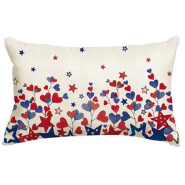 RABUSOFA 4th of July Throw Pillow Covers 12x20 Inch,Patriotic Heart Star Floral Red White and Blue Memorial Day Independence Day Fourth of July Decoration for Sofa Couch Outdoor Lumbar Cushion Case
