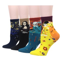 Cansok Women Animal Novelty Dress Crew Socks (Mona Lisa Starry Night Kiss Art Famous Painting - 4 pairs)