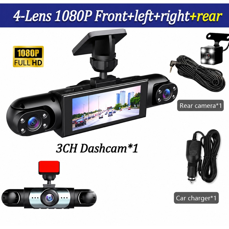 Multi-Lens Dash Cam for Vehicle Recording – 1080P Front, Side