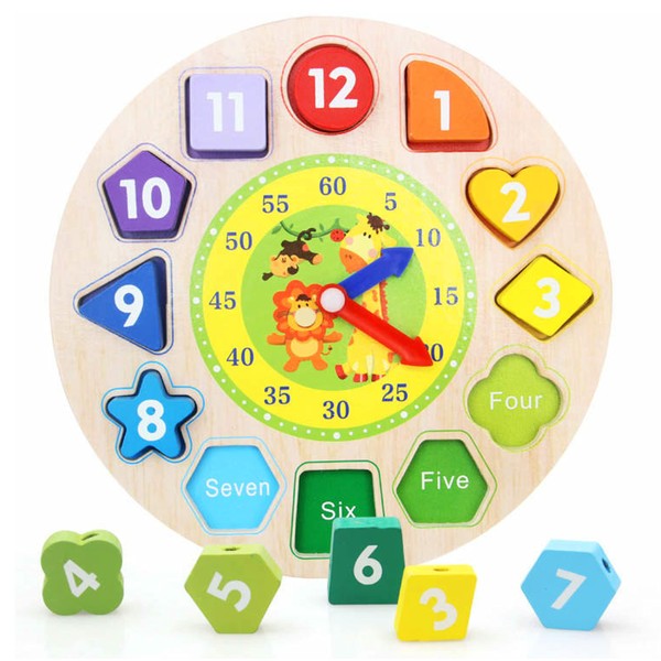 LMC Products Wooden Clock with Lacing String & Shapes - Educational Learning Toys for 3 Year Olds & Up - Wooden Counting & Shape Sorting Toys for Toddlers - Donate to Children's Hospital