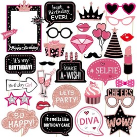 Nenluny 30pcs Hot Pink Girls Birthday Photo Booth Props Bday Party Props for Women Girls Birthday Party Decoration Supplies