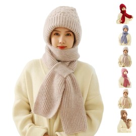 Integrated Ear Protection Windproof Cap Scarf, 2 in 1 Winter Plus Velvet Knitting Thick Warm Ear Guard Hat for Women, Khaki