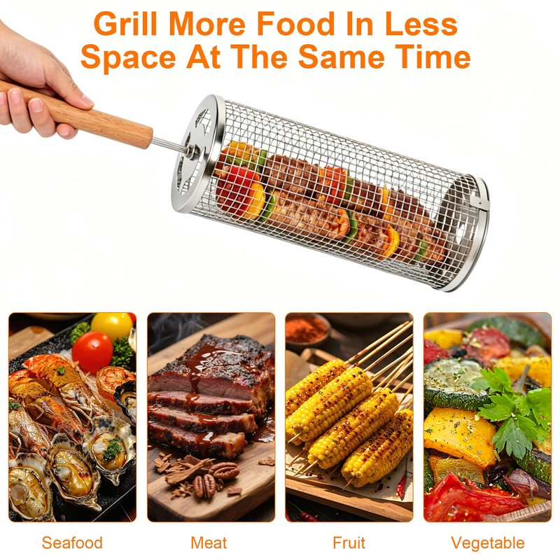 Rolling Grill Basket 2 Pack, 304 Stainless Steel BBQ Grilling